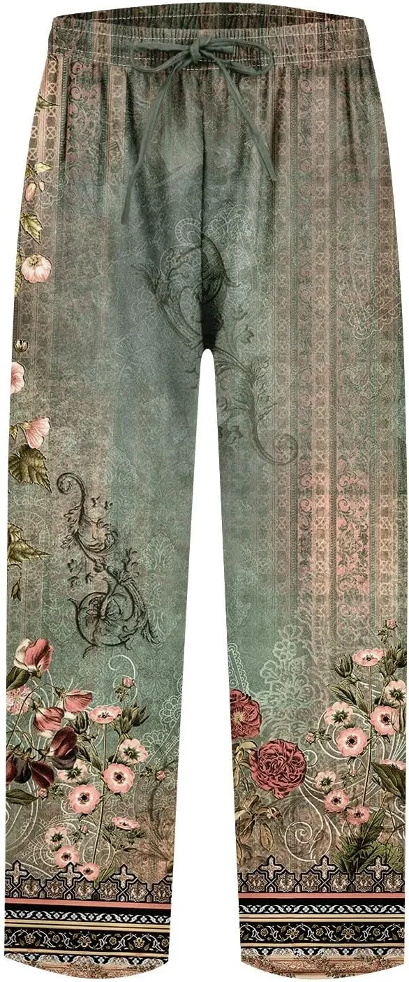 Cotton Linen Capri Pants for Women Boho Clothes Casual Summer Baggy Elastic Waisted Trousers Wide Leg Cropped Pants