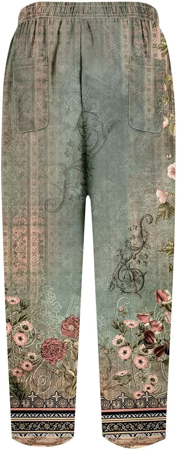 Cotton Linen Capri Pants for Women Boho Clothes Casual Summer Baggy Elastic Waisted Trousers Wide Leg Cropped Pants