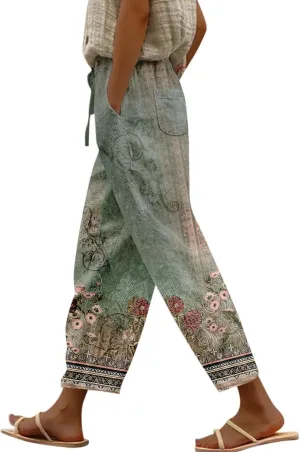 Cotton Linen Capri Pants for Women Boho Clothes Casual Summer Baggy Elastic Waisted Trousers Wide Leg Cropped Pants