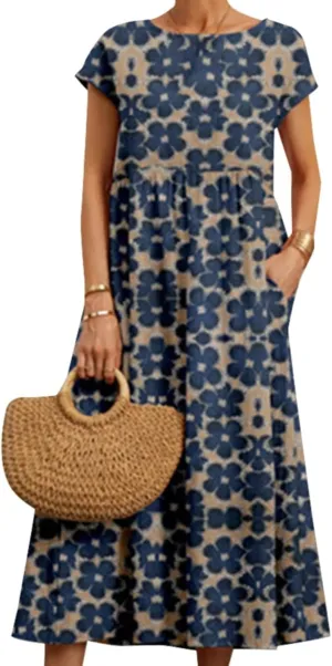 Cotton Linen Dresses for Women 2024 Casual High Waisted Pleated Short Sleeves Midi Dress Loose Pockets Beach Sundress