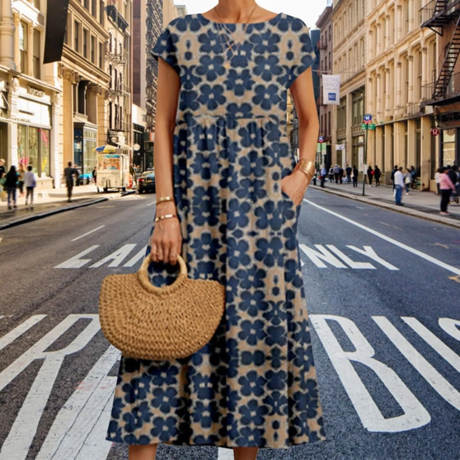 Cotton Linen Dresses for Women 2024 Casual High Waisted Pleated Short Sleeves Midi Dress Loose Pockets Beach Sundress