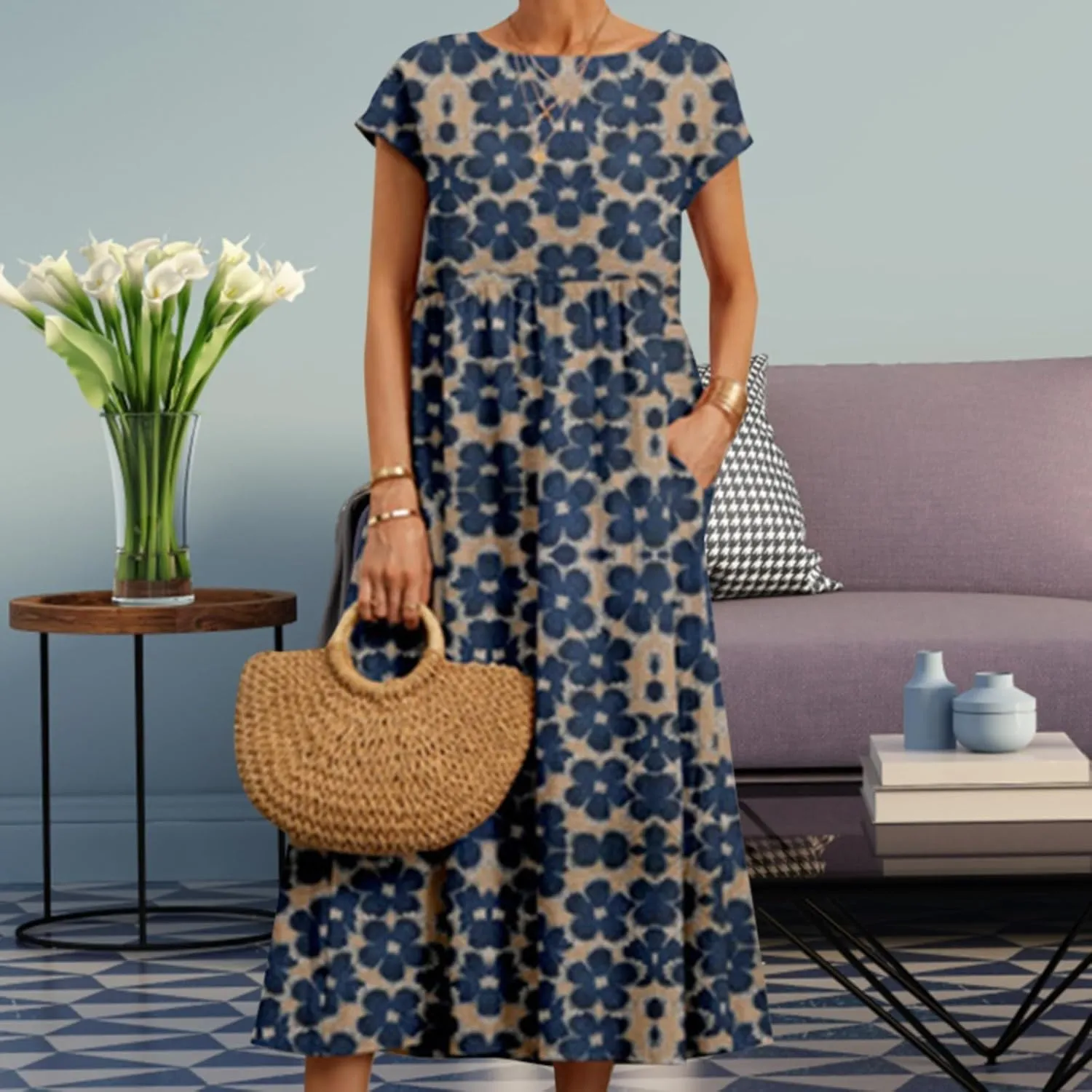 Cotton Linen Dresses for Women 2024 Casual High Waisted Pleated Short Sleeves Midi Dress Loose Pockets Beach Sundress