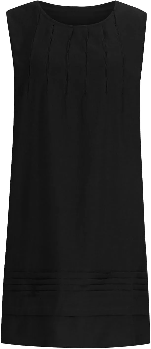 Cotton Linen Sundresses for Women Plus Size Sleeveless Crewneck Pleated Shift Tank Dress Casual Summer Beach Dresses