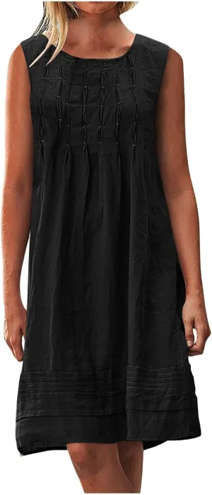 Cotton Linen Sundresses for Women Plus Size Sleeveless Crewneck Pleated Shift Tank Dress Casual Summer Beach Dresses