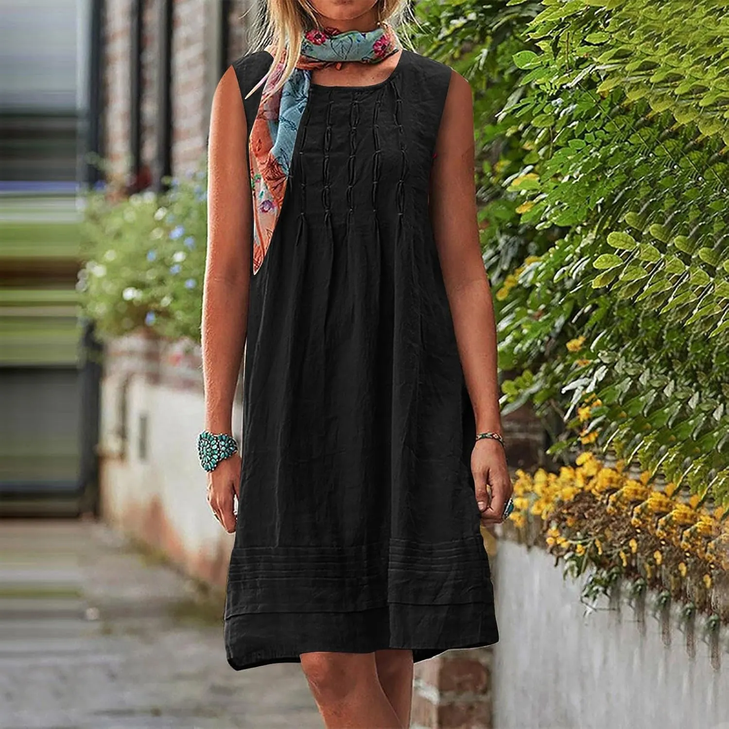 Cotton Linen Sundresses for Women Plus Size Sleeveless Crewneck Pleated Shift Tank Dress Casual Summer Beach Dresses
