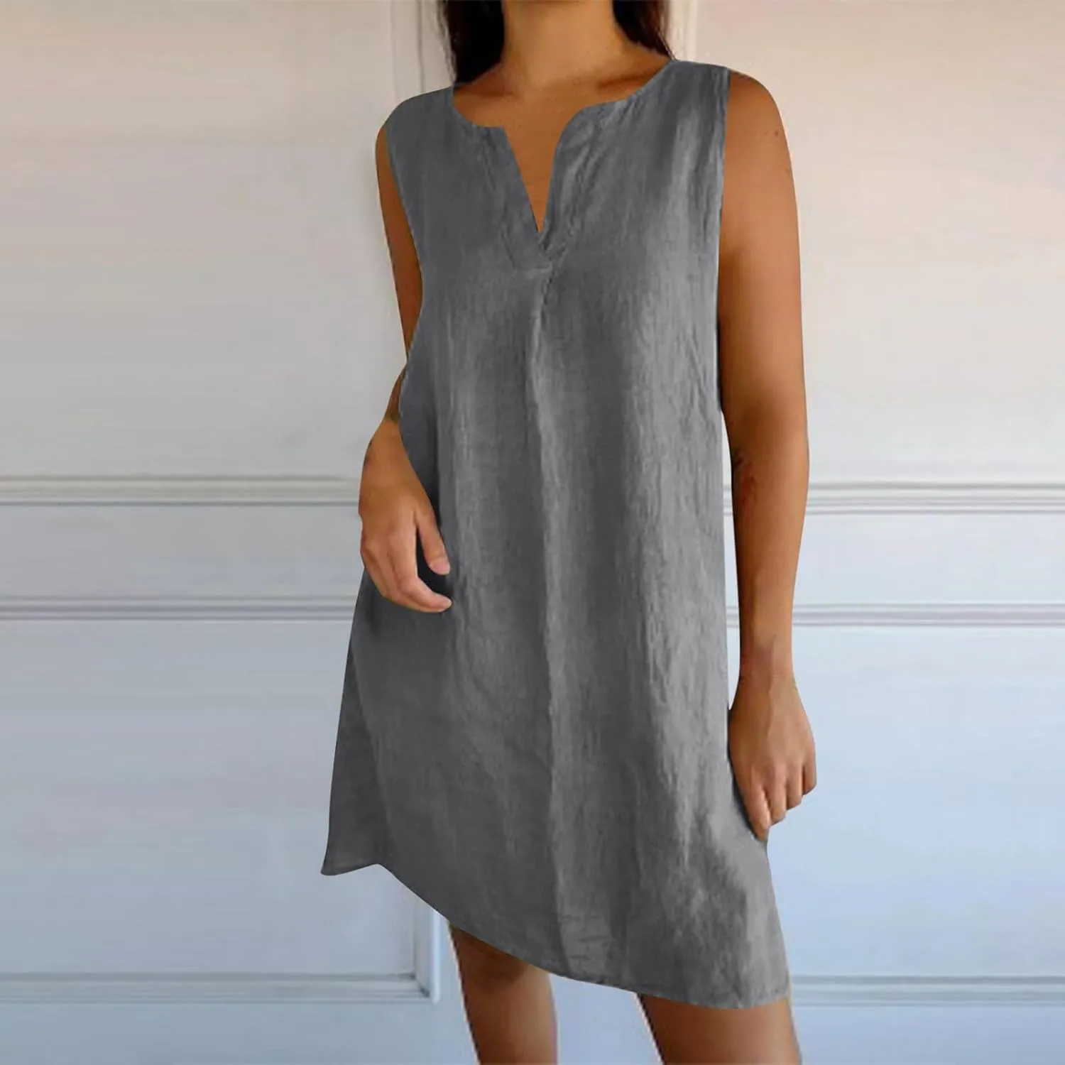 Cotton Linen Tank Dress for Women Sleeveless V Neck Beach Tshirt Sundress 2025 Summer Solid Lightweight Mini Dresses
