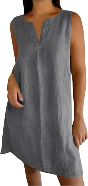 Cotton Linen Tank Dress for Women Sleeveless V Neck Beach Tshirt Sundress 2025 Summer Solid Lightweight Mini Dresses