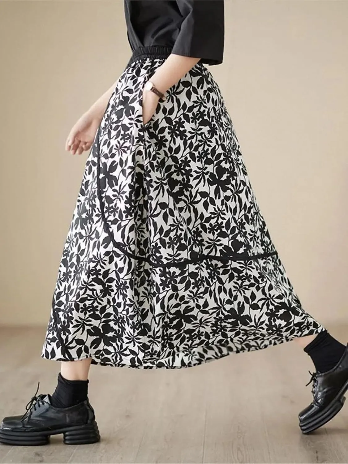 Dawery High Waist Spring Summer Flower Floral Print Midi Skirt Women Ruffle Pleated Loose Oversized Ladies A-Line Skirts