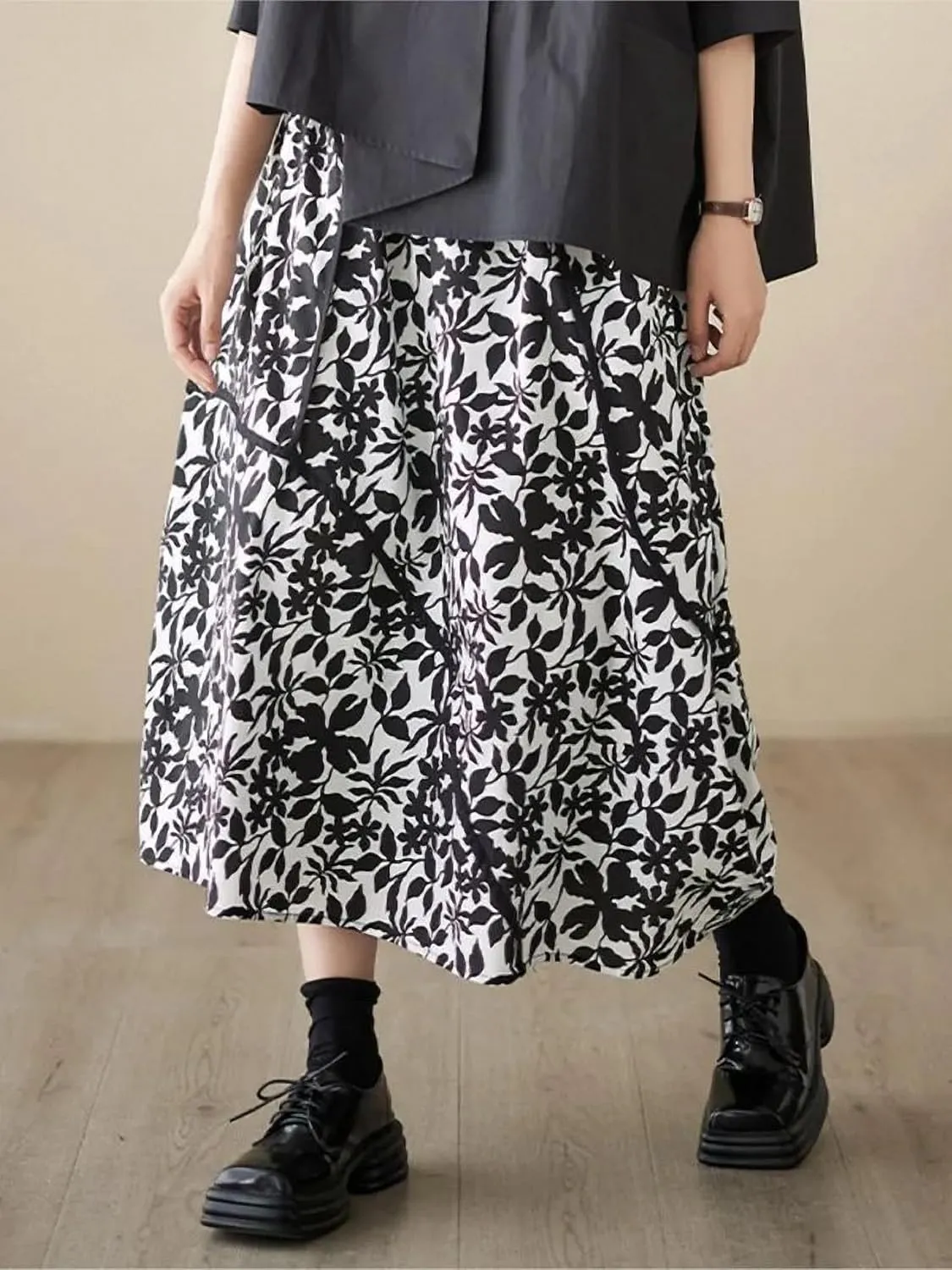 Dawery High Waist Spring Summer Flower Floral Print Midi Skirt Women Ruffle Pleated Loose Oversized Ladies A-Line Skirts