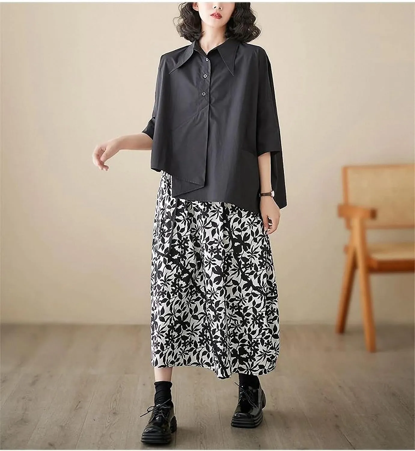 Dawery High Waist Spring Summer Flower Floral Print Midi Skirt Women Ruffle Pleated Loose Oversized Ladies A-Line Skirts