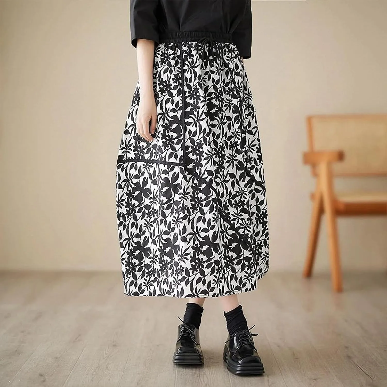Dawery High Waist Spring Summer Flower Floral Print Midi Skirt Women Ruffle Pleated Loose Oversized Ladies A-Line Skirts