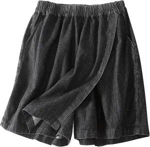 DDAPJ pyju Women's Denim Skort Wrap Hem Jean Mini Skirt Summer Casual Elastic High Waisted Shorts with Pockets Streetwear