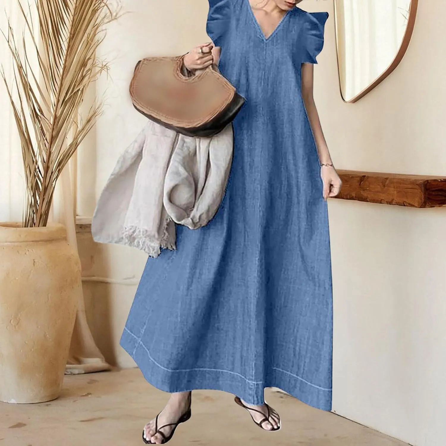 Denim Dress for Women Plus Size 2025 Sleeveless V Neck Dress Ruffle Flowy Maxi Dresses Oversized Denim Long Dresses