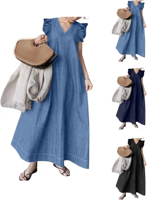 Denim Dress for Women Plus Size 2025 Sleeveless V Neck Dress Ruffle Flowy Maxi Dresses Oversized Denim Long Dresses