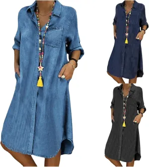 Denim Dress for Women Plus Size Casual Loose Long Sleeve Classic Vintage Button Down Jean Shirt Dresses Midi Dress