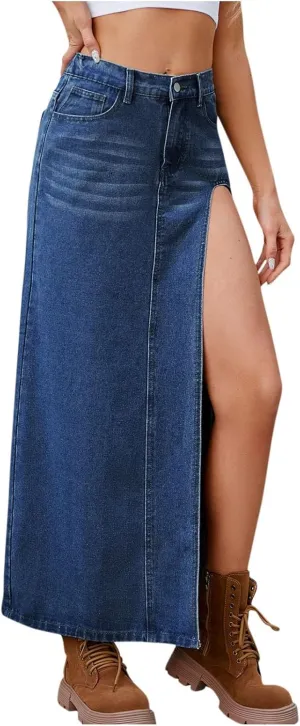 Denim Skirts for Women with Pockets Frayed Raw Hem Stretch High Waist Washed Slim Casual Long Jean Skirts with Slit