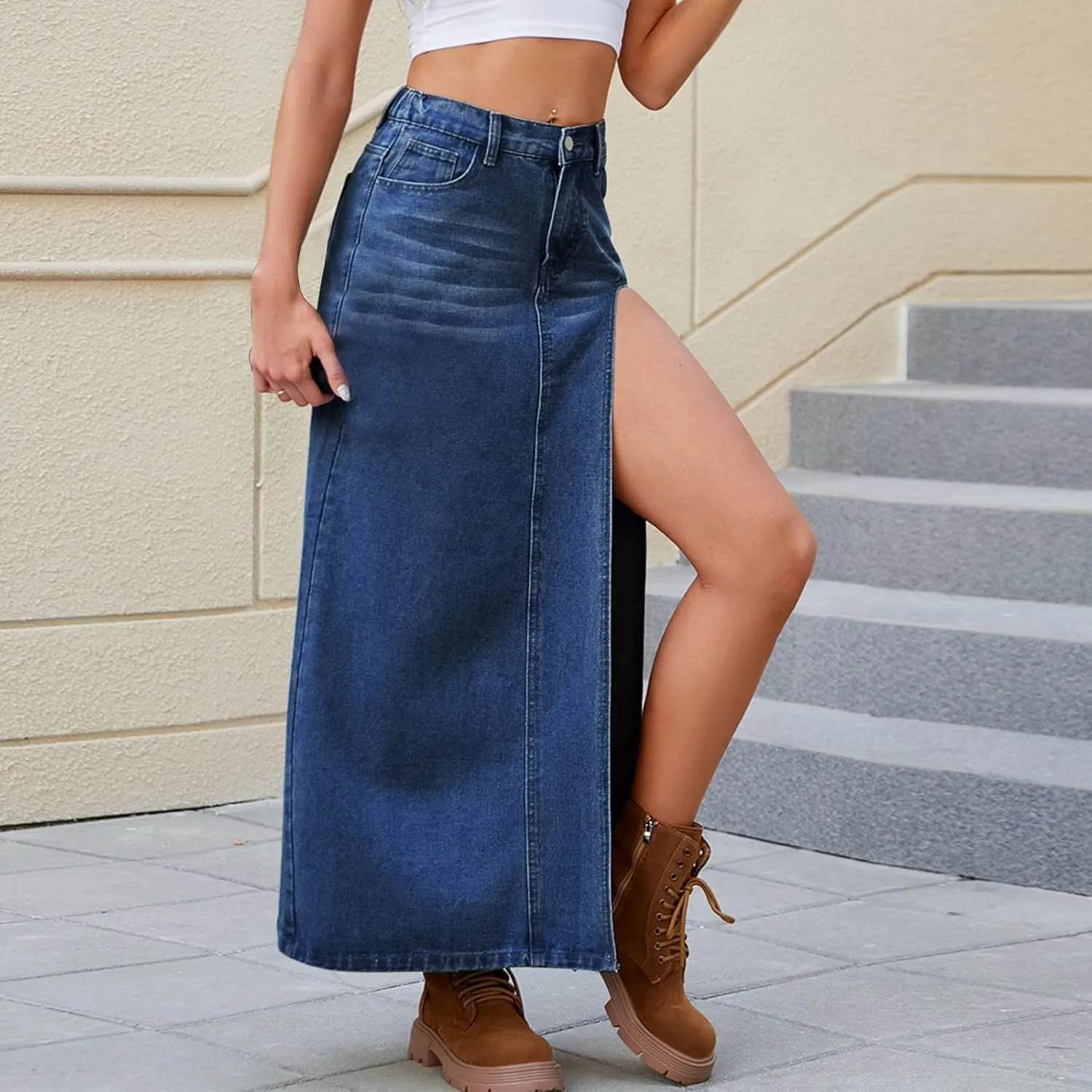 Denim Skirts for Women with Pockets Frayed Raw Hem Stretch High Waist Washed Slim Casual Long Jean Skirts with Slit