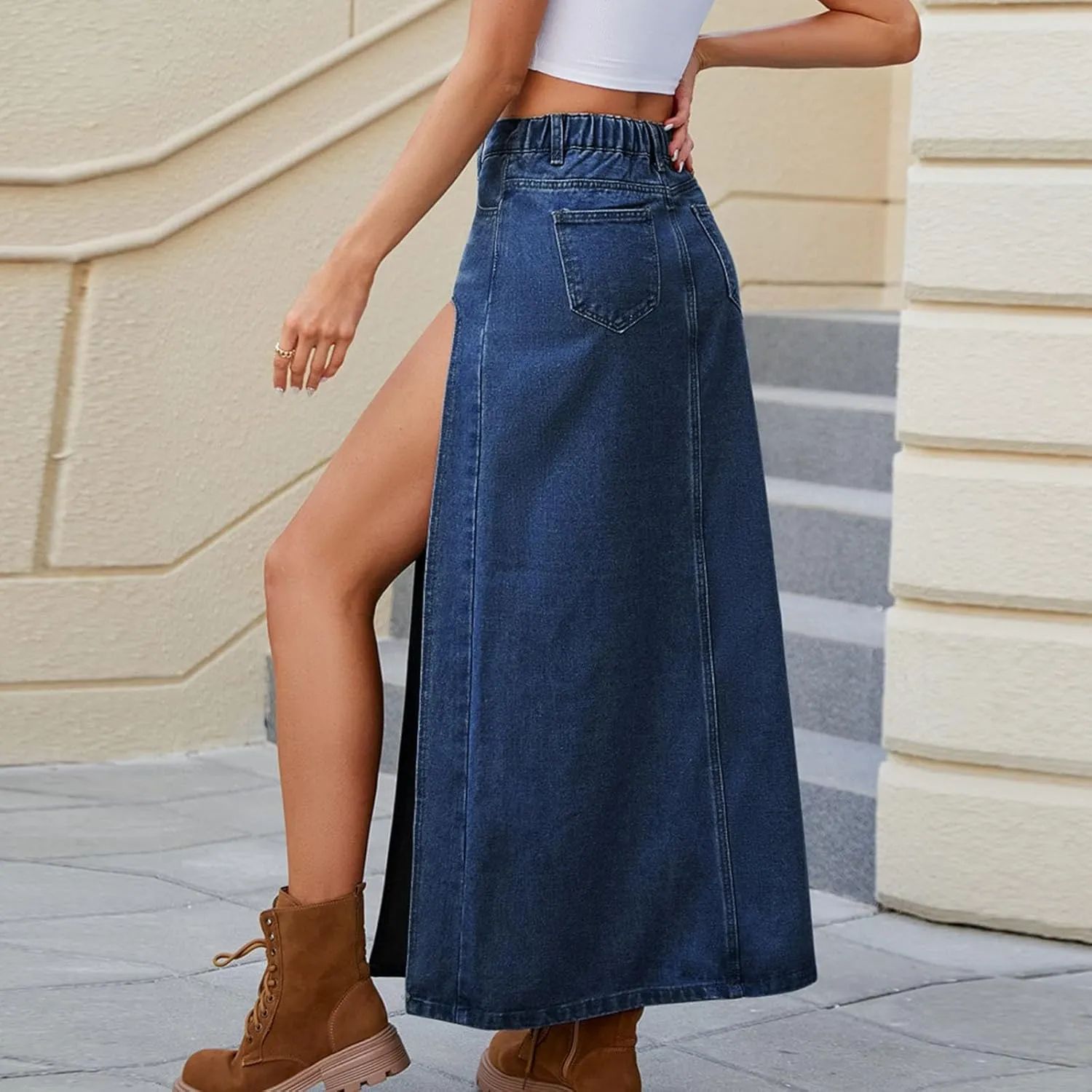 Denim Skirts for Women with Pockets Frayed Raw Hem Stretch High Waist Washed Slim Casual Long Jean Skirts with Slit