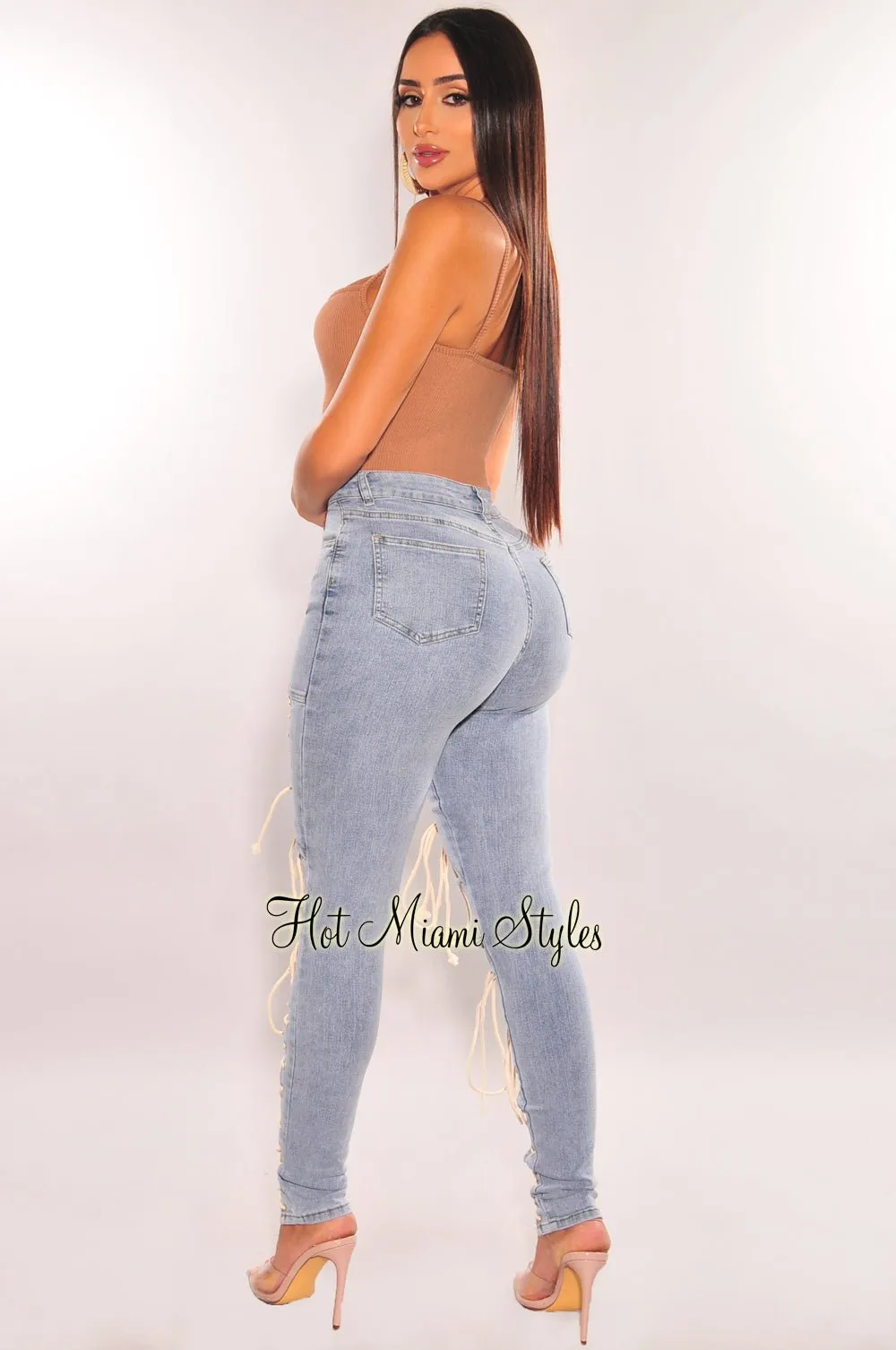 Denim Wash High Waist Lace Up Skinny Jeans