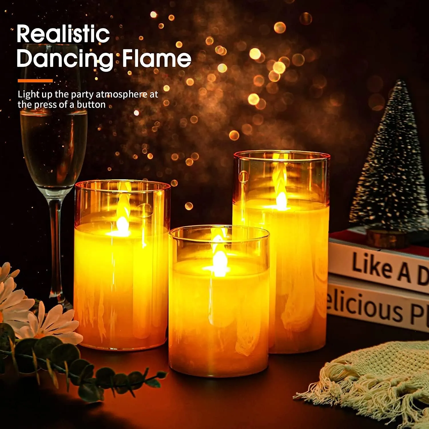Desidiya 3 Pcs Flameless LED Candles Light with Remote Control and Timer - Golden Acrylic Fiber Glass, Battery Powered - Ideal for Home, Festival, and Wedding Decor