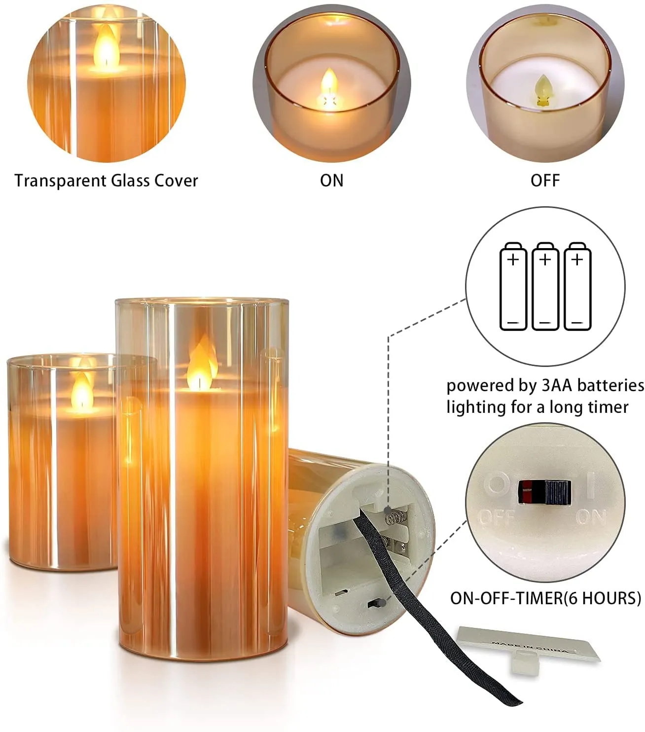 Desidiya 3 Pcs Flameless LED Candles Light with Remote Control and Timer - Golden Acrylic Fiber Glass, Battery Powered - Ideal for Home, Festival, and Wedding Decor