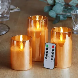 Desidiya 3 Pcs Flameless LED Candles Light with Remote Control and Timer - Golden Acrylic Fiber Glass, Battery Powered - Ideal for Home, Festival, and Wedding Decor