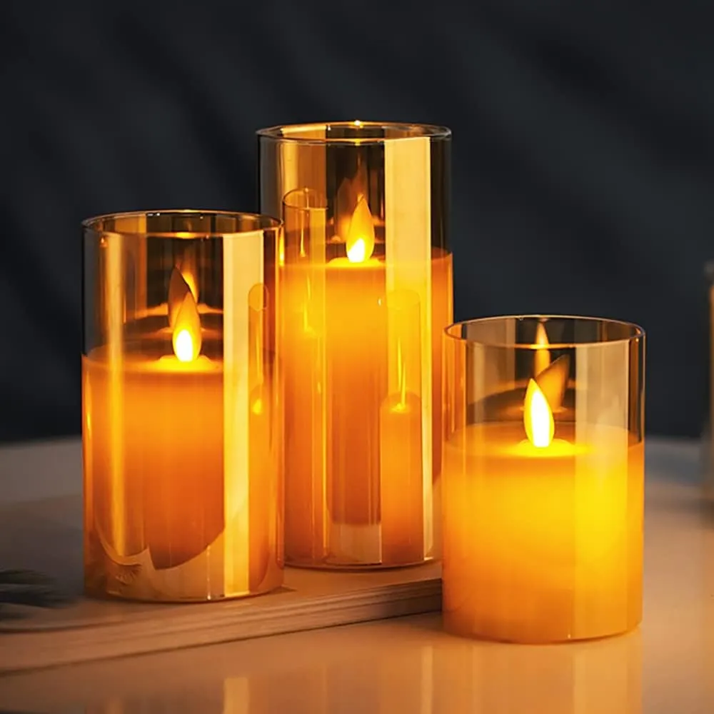 Desidiya 3 Pcs Flameless LED Candles Light with Remote Control and Timer - Golden Acrylic Fiber Glass, Battery Powered - Ideal for Home, Festival, and Wedding Decor