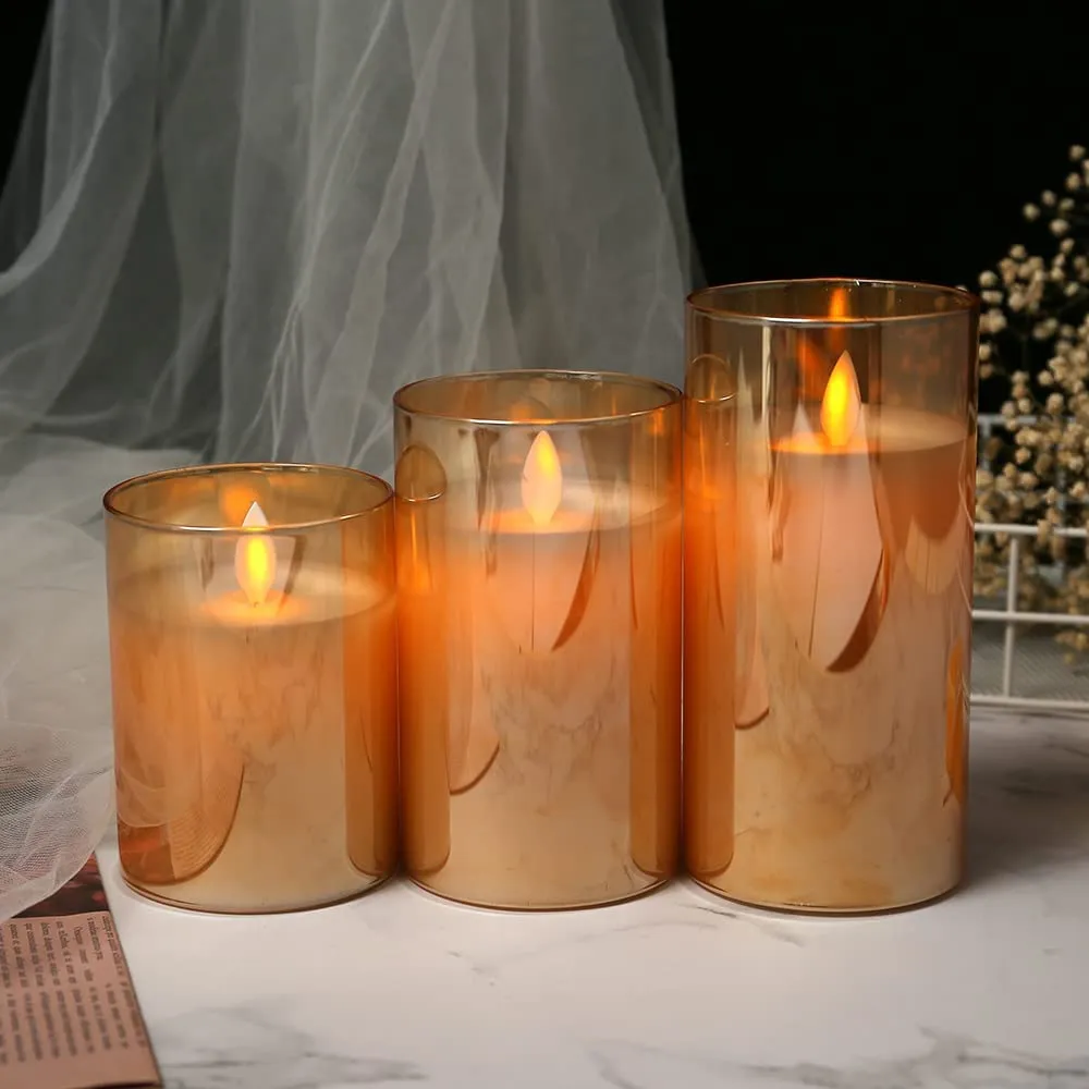 Desidiya 3 Pcs Flameless LED Candles Light with Remote Control and Timer - Golden Acrylic Fiber Glass, Battery Powered - Ideal for Home, Festival, and Wedding Decor