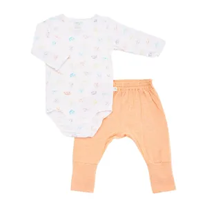 Dinosaurs - Long-sleeved Stretchy Romper with Foldable Footie Pants (Orange)