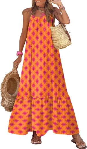 Dokotoo Women Summer Dresses 2025 Spaghetti Strap Scoop Neck Smocked Ruffle Flowy Boho Maxi Dress