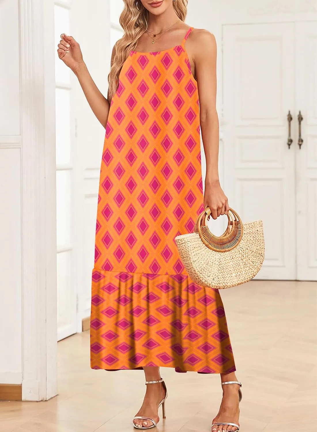Dokotoo Women Summer Dresses 2025 Spaghetti Strap Scoop Neck Smocked Ruffle Flowy Boho Maxi Dress