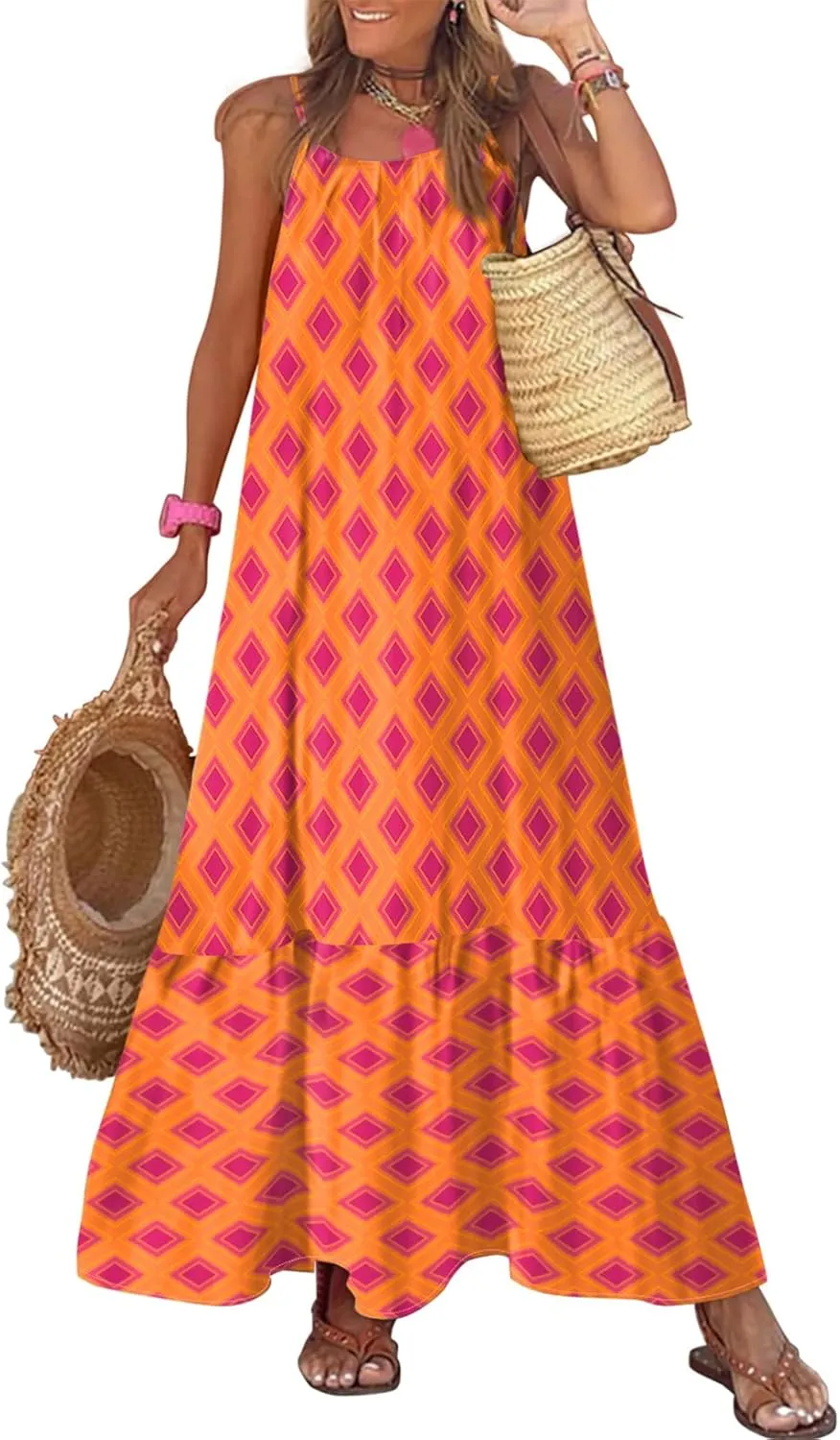 Dokotoo Women Summer Dresses 2025 Spaghetti Strap Scoop Neck Smocked Ruffle Flowy Boho Maxi Dress