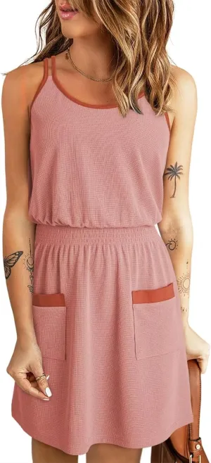 Dokotoo Womens 2025 Beach Dresses Scoop Neck Sleeveless Smocked Empire Waist Mini Dress Sundress with Pockets