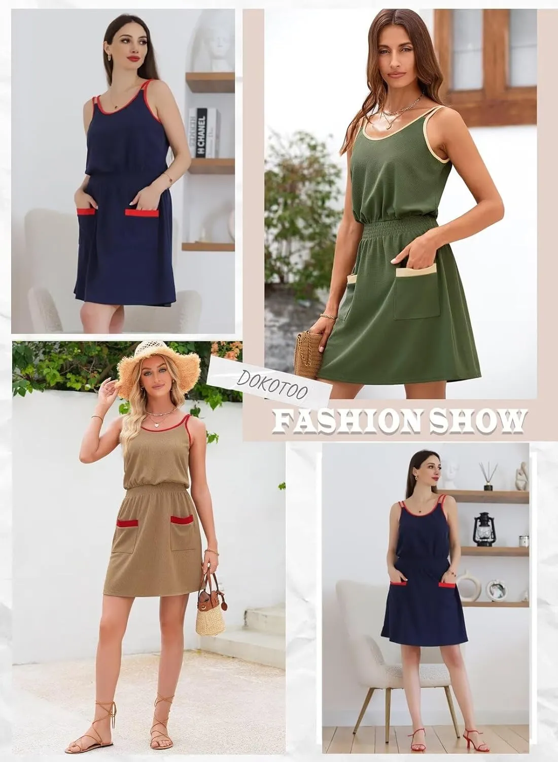 Dokotoo Womens 2025 Beach Dresses Scoop Neck Sleeveless Smocked Empire Waist Mini Dress Sundress with Pockets