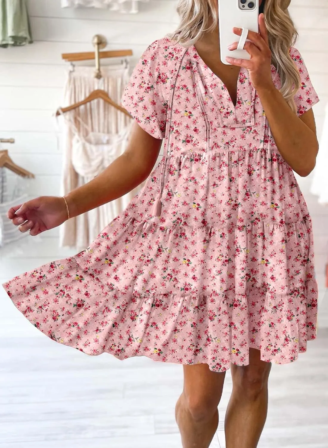 Dokotoo Womens Summer Casual Boho Floral Dresses V Neck Short Sleeve Sundresses Flowy Swing A-Line Mini Dress