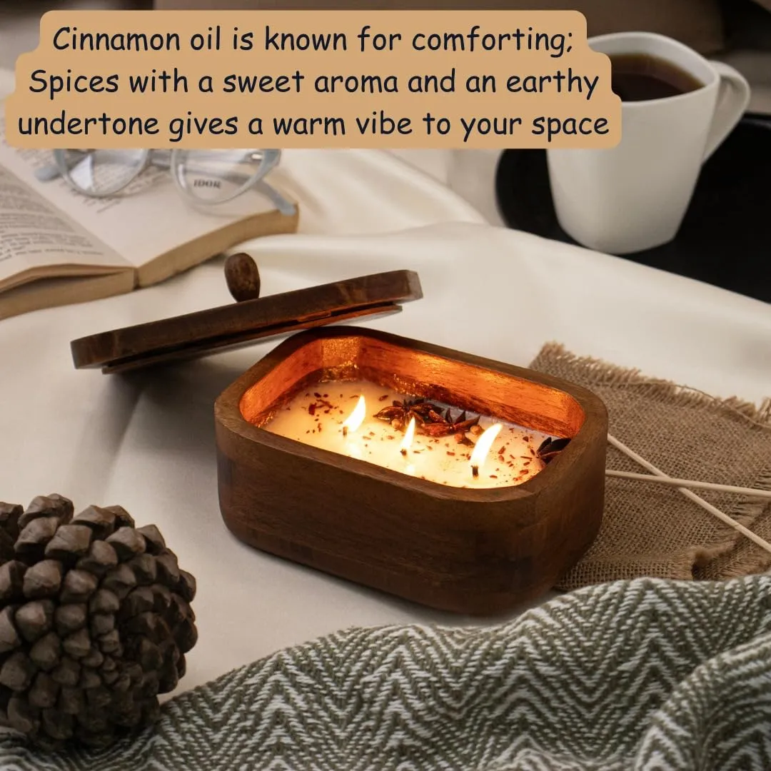 DREAMY WALLS Wood Dough Bowl Candles - 100% Natural Soy Wax - Odor Eliminating - Cinnamon & Spice Aroma - Ideal for Valentine's Day Decor - Scented Premium Candle Gifts for Men & Women