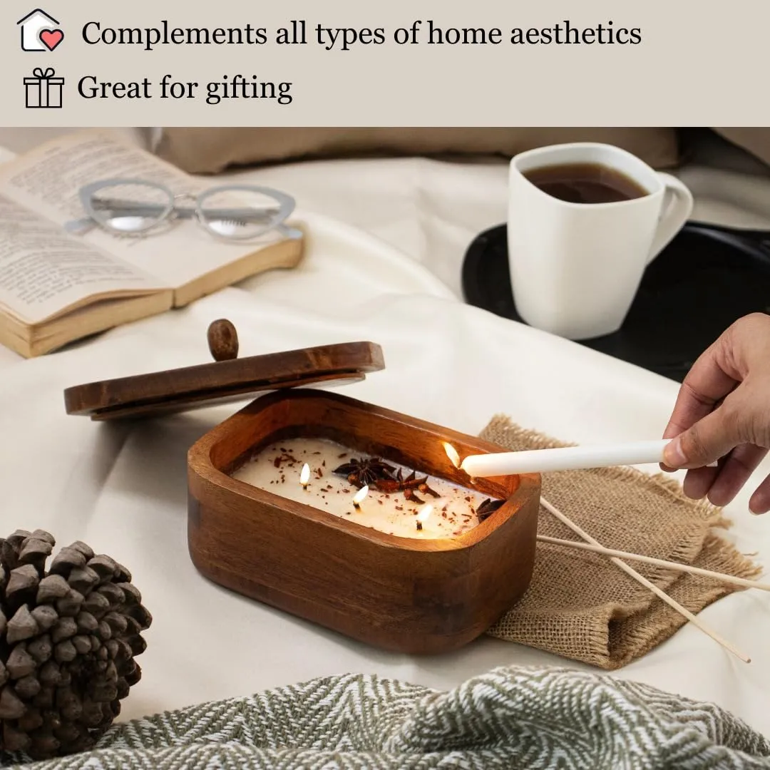 DREAMY WALLS Wood Dough Bowl Candles - 100% Natural Soy Wax - Odor Eliminating - Cinnamon & Spice Aroma - Ideal for Valentine's Day Decor - Scented Premium Candle Gifts for Men & Women