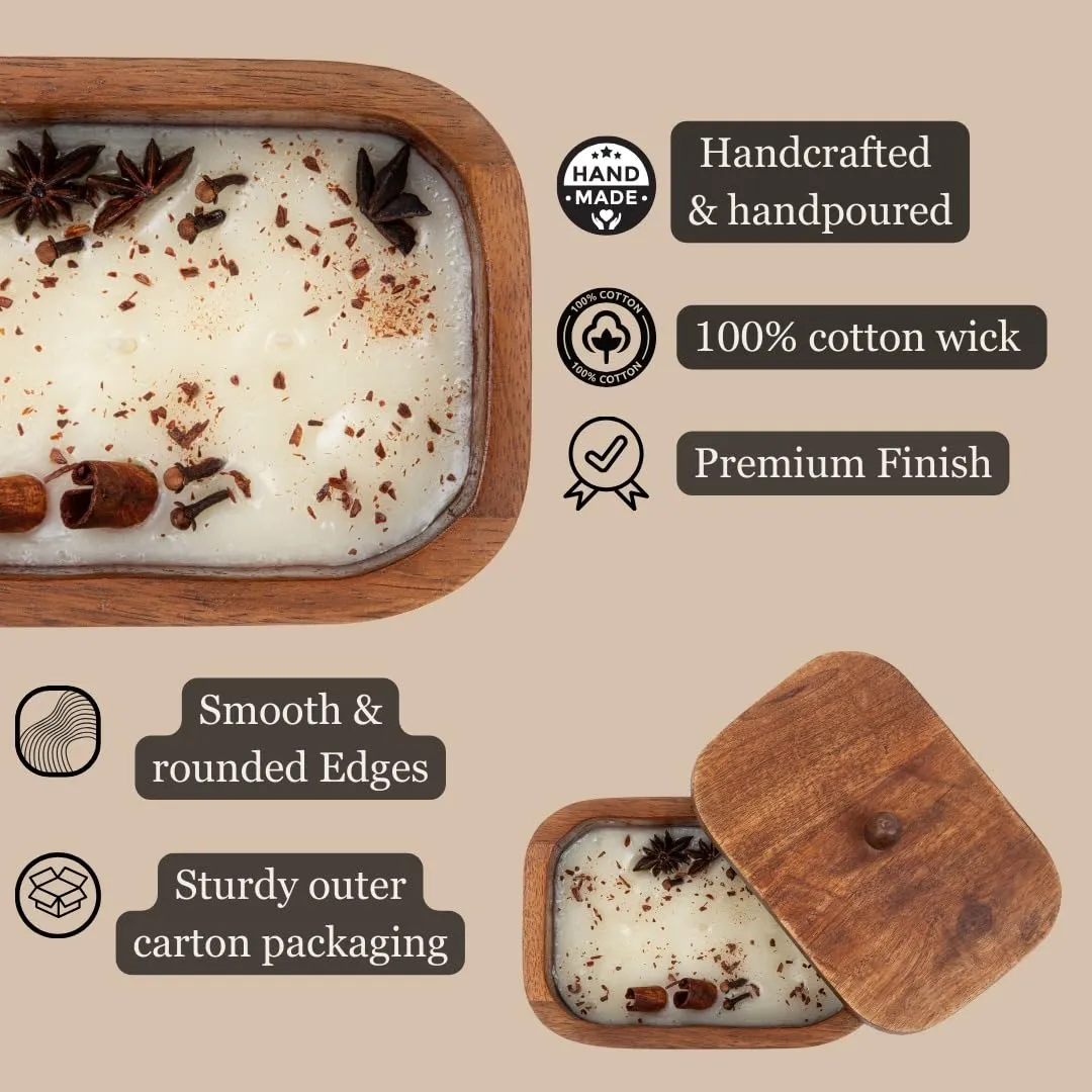 DREAMY WALLS Wood Dough Bowl Candles - 100% Natural Soy Wax - Odor Eliminating - Cinnamon & Spice Aroma - Ideal for Valentine's Day Decor - Scented Premium Candle Gifts for Men & Women