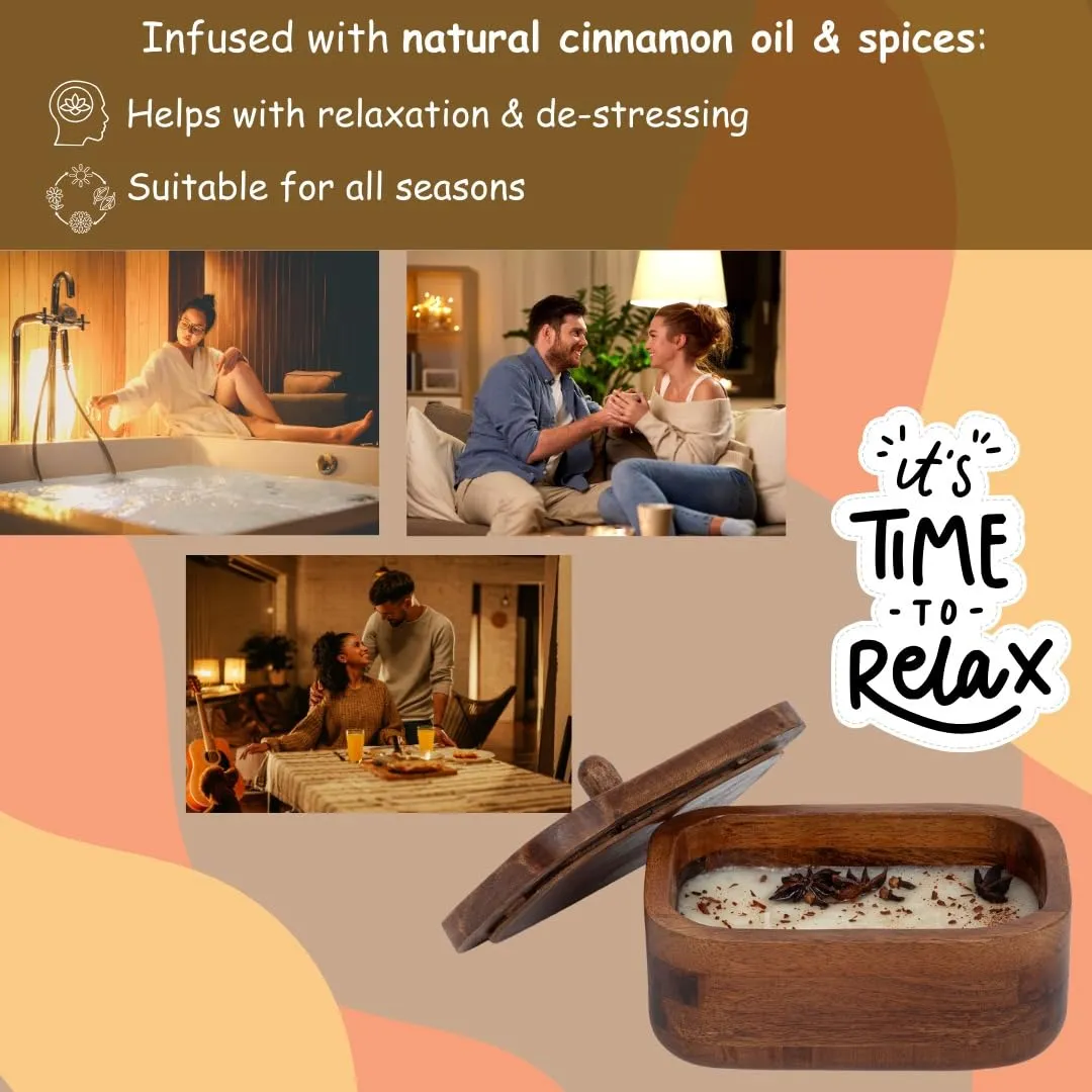 DREAMY WALLS Wood Dough Bowl Candles - 100% Natural Soy Wax - Odor Eliminating - Cinnamon & Spice Aroma - Ideal for Valentine's Day Decor - Scented Premium Candle Gifts for Men & Women