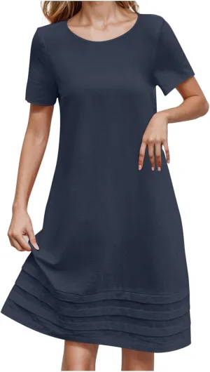 Dresses for Women 2025 Elegant Classy Midi Tshirt Dress Pleated Beach Vacation Crewneck Short Sleeve Sundress