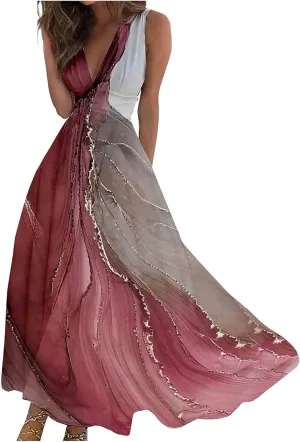Dresses for Women 2025 Spring Summer Elegant Wrap V Neck Sleeveless Maxi Dress,Trendy Marble Print Flowy Beach Dress