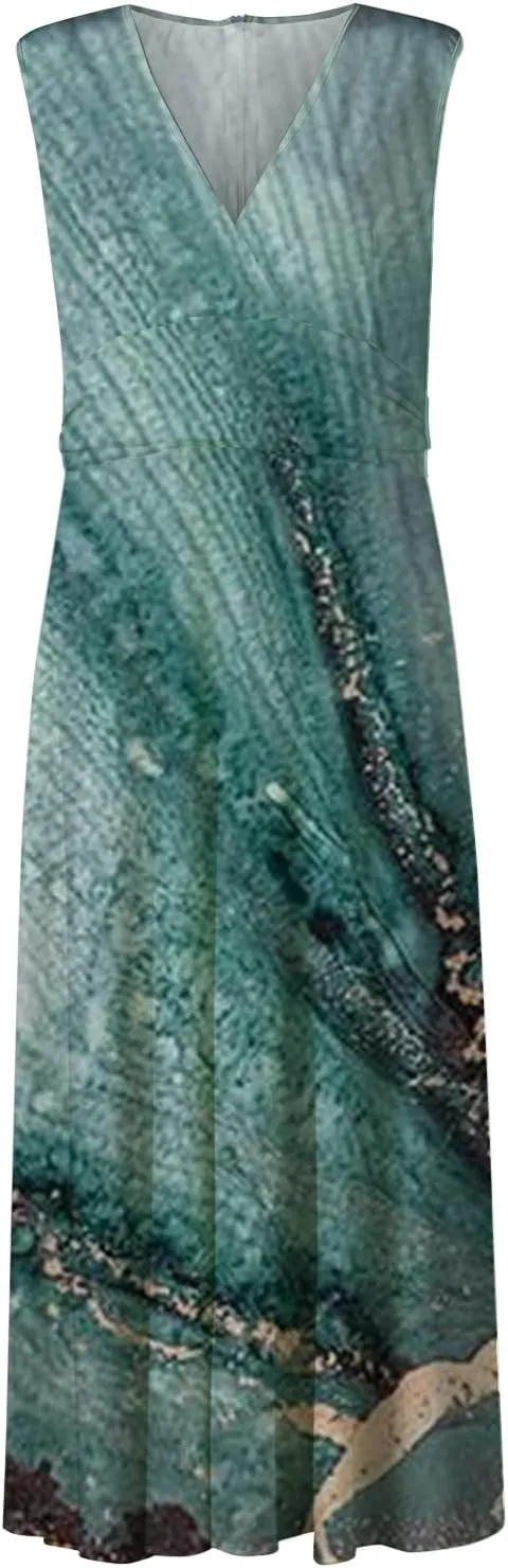Dresses for Women 2025 Spring Summer Elegant Wrap V Neck Sleeveless Maxi Dress,Trendy Marble Print Flowy Beach Dress