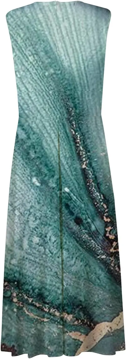 Dresses for Women 2025 Spring Summer Elegant Wrap V Neck Sleeveless Maxi Dress,Trendy Marble Print Flowy Beach Dress