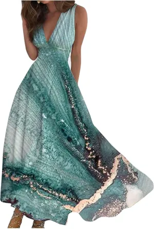Dresses for Women 2025 Spring Summer Elegant Wrap V Neck Sleeveless Maxi Dress,Trendy Marble Print Flowy Beach Dress