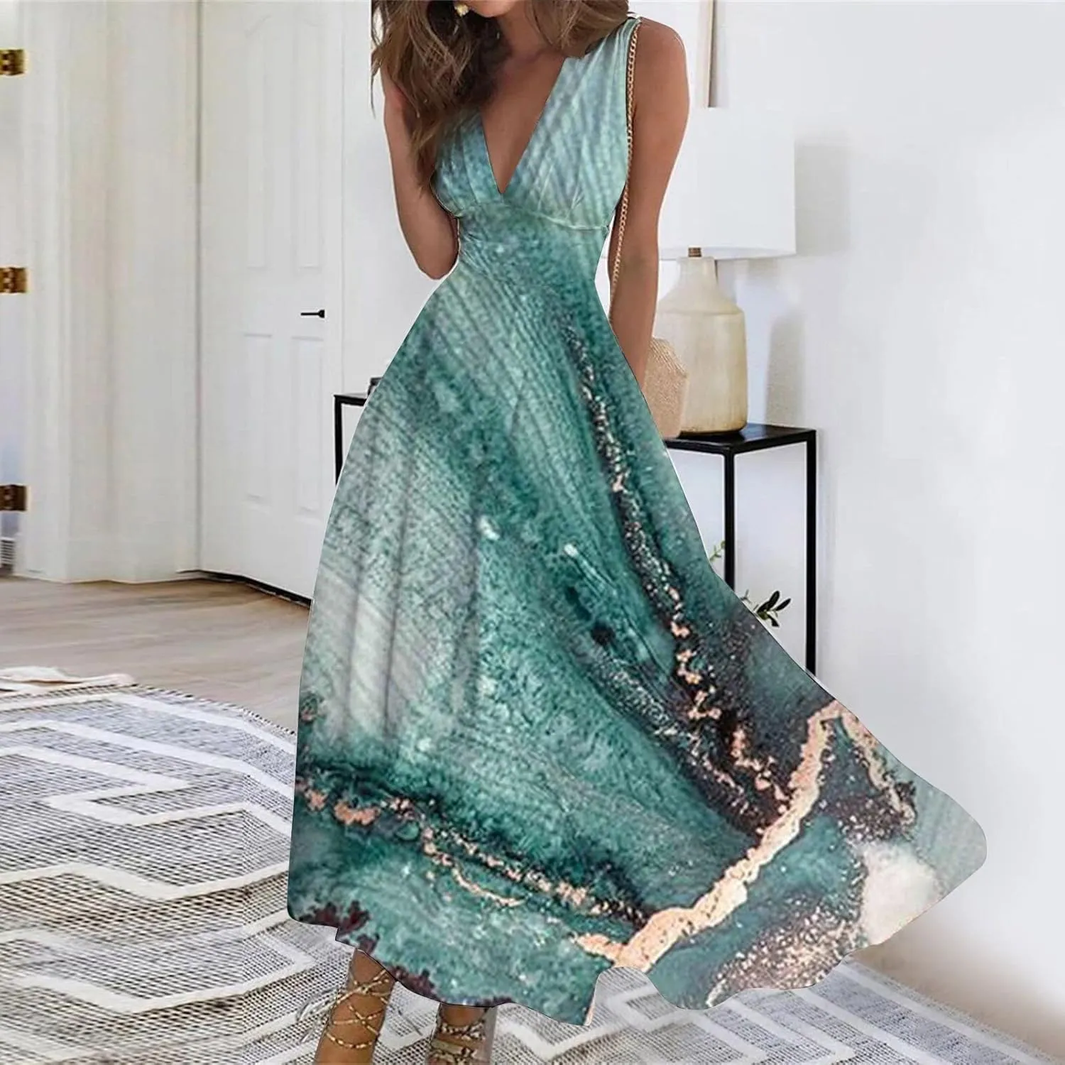 Dresses for Women 2025 Spring Summer Elegant Wrap V Neck Sleeveless Maxi Dress,Trendy Marble Print Flowy Beach Dress