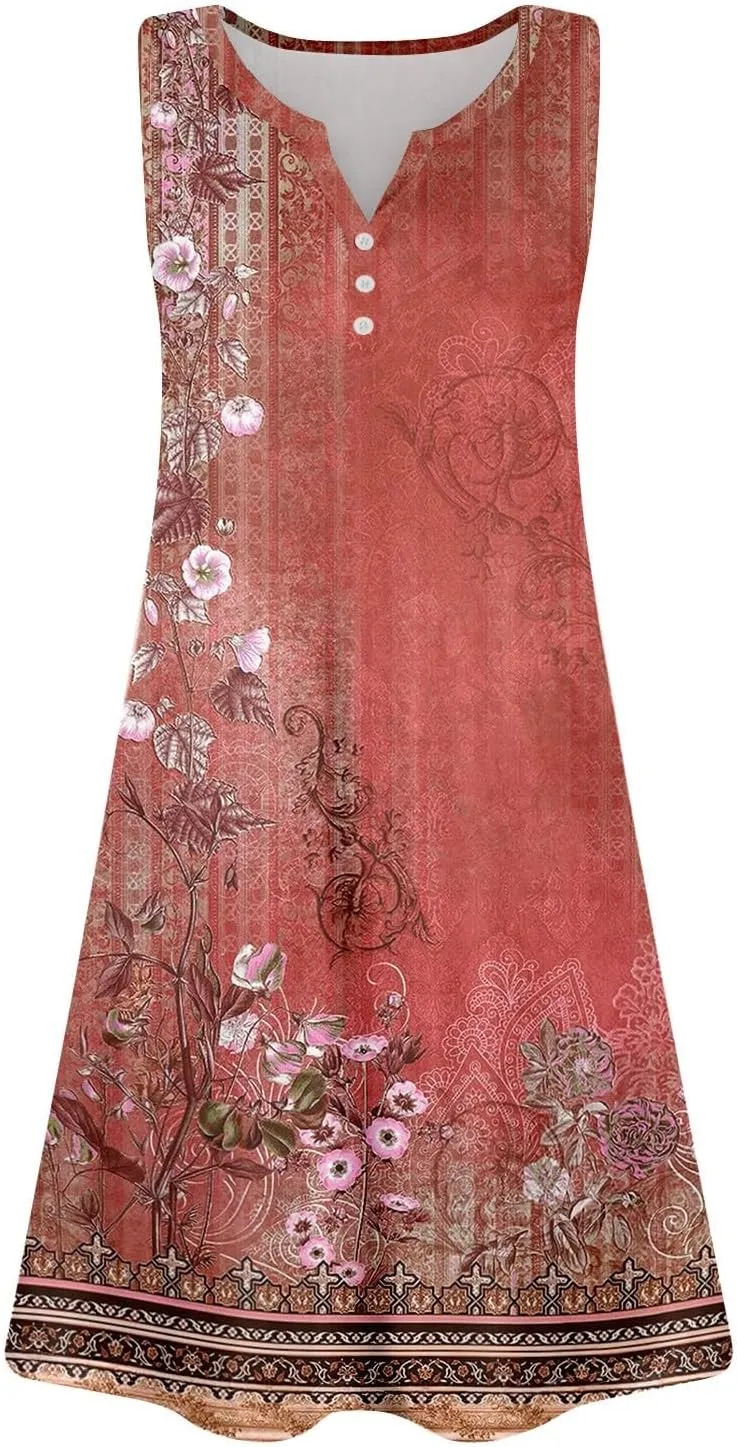 Dresses for Women Casual Summer Boho Beach Dress Loose V Neck Sleeveless Sundresses Swimsuit Coverup with Pockets