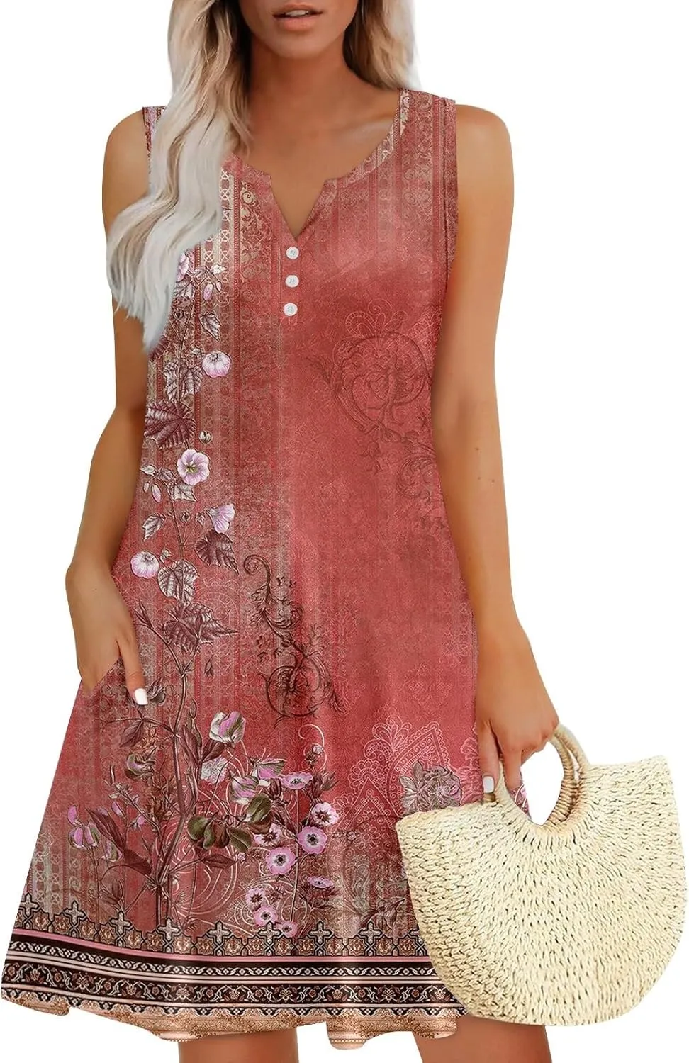 Dresses for Women Casual Summer Boho Beach Dress Loose V Neck Sleeveless Sundresses Swimsuit Coverup with Pockets