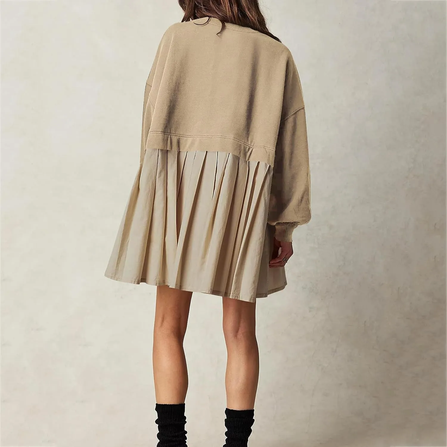 Dresses for Women Oversized Patchwork Sweatshirt Dress Long Sleeve Crewneck Pleated Dress 2024 Fall Fashion Outfits