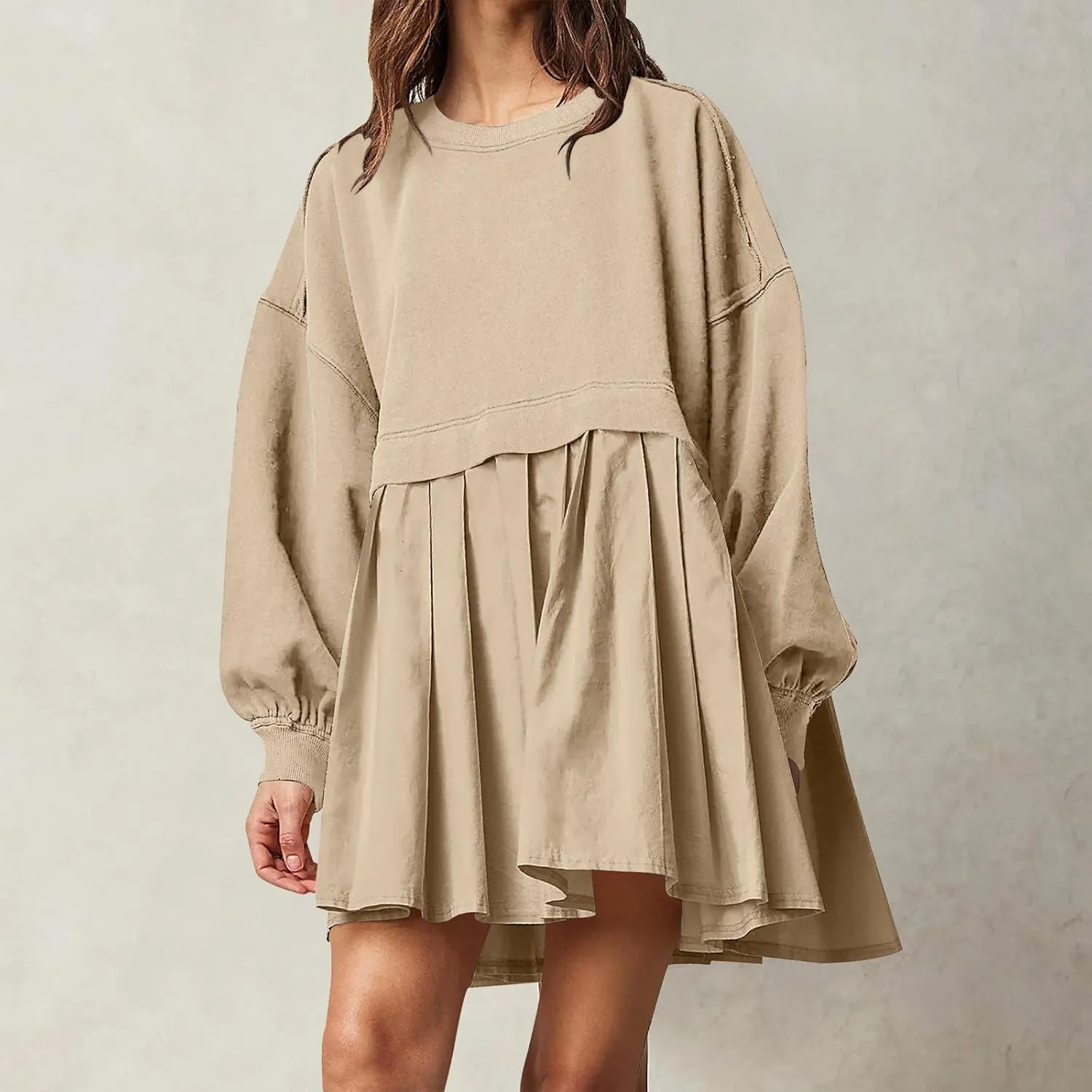 Dresses for Women Oversized Patchwork Sweatshirt Dress Long Sleeve Crewneck Pleated Dress 2024 Fall Fashion Outfits