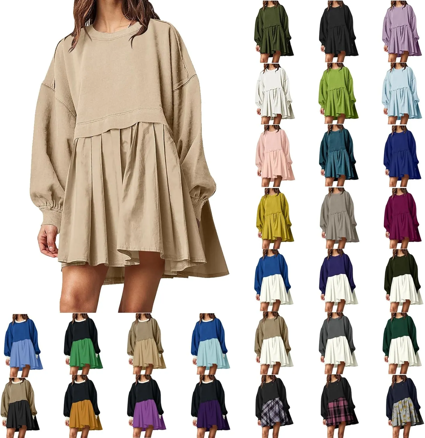 Dresses for Women Oversized Patchwork Sweatshirt Dress Long Sleeve Crewneck Pleated Dress 2024 Fall Fashion Outfits